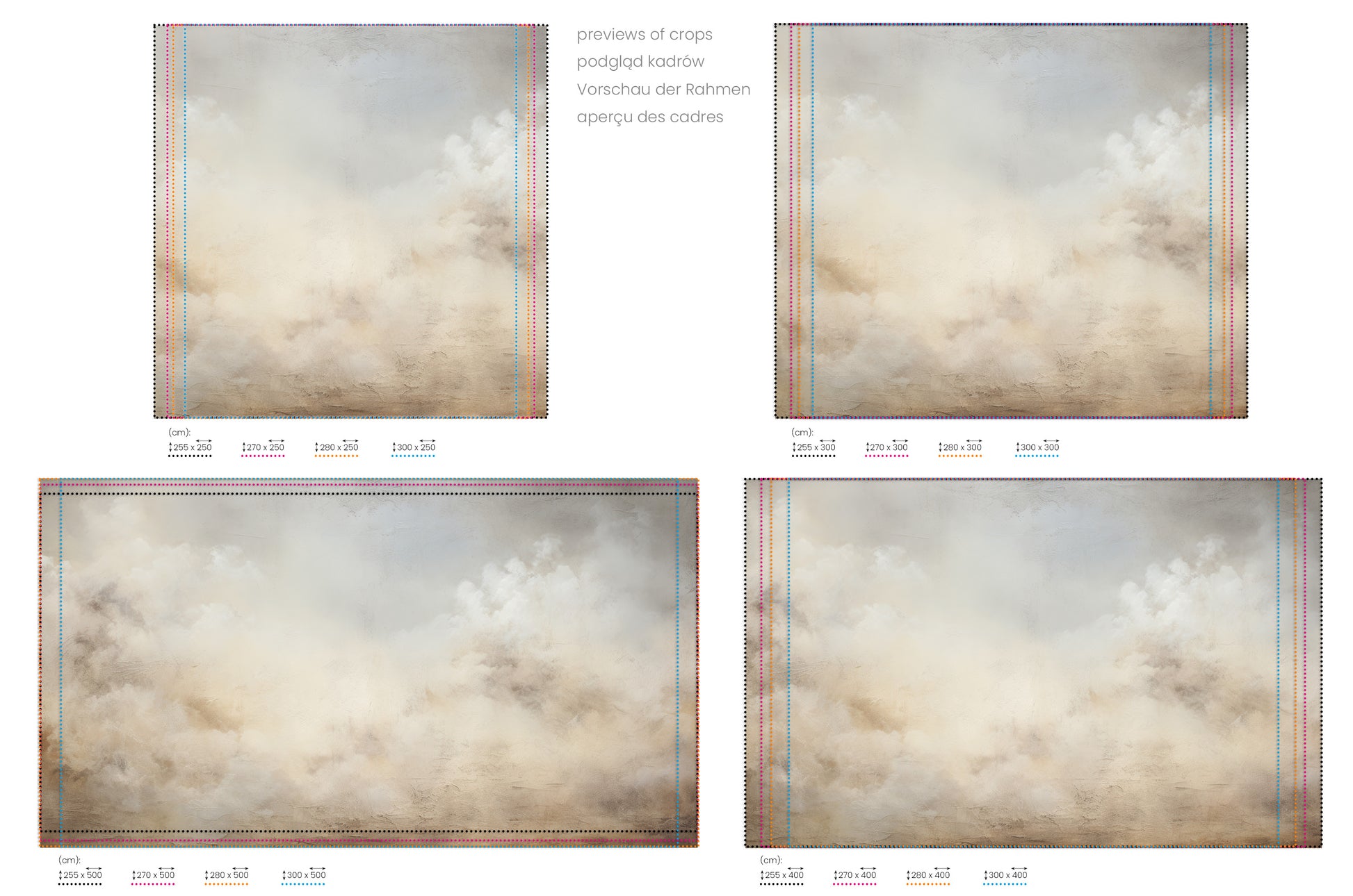 Na obrazie znajduje się prezentacja przykładowych rozmiarów fototapety o nazwie CUMULUS ECHOES MURAL. Rozmiar fototapety jest dowolny.