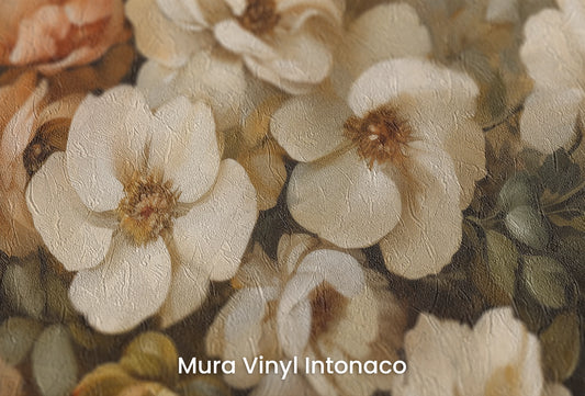 Zbliżenie na artystyczną fototapetę o nazwie Classic Floral Harmony na podłożu Mura Vinyl Intonaco - struktura tartego tynku.