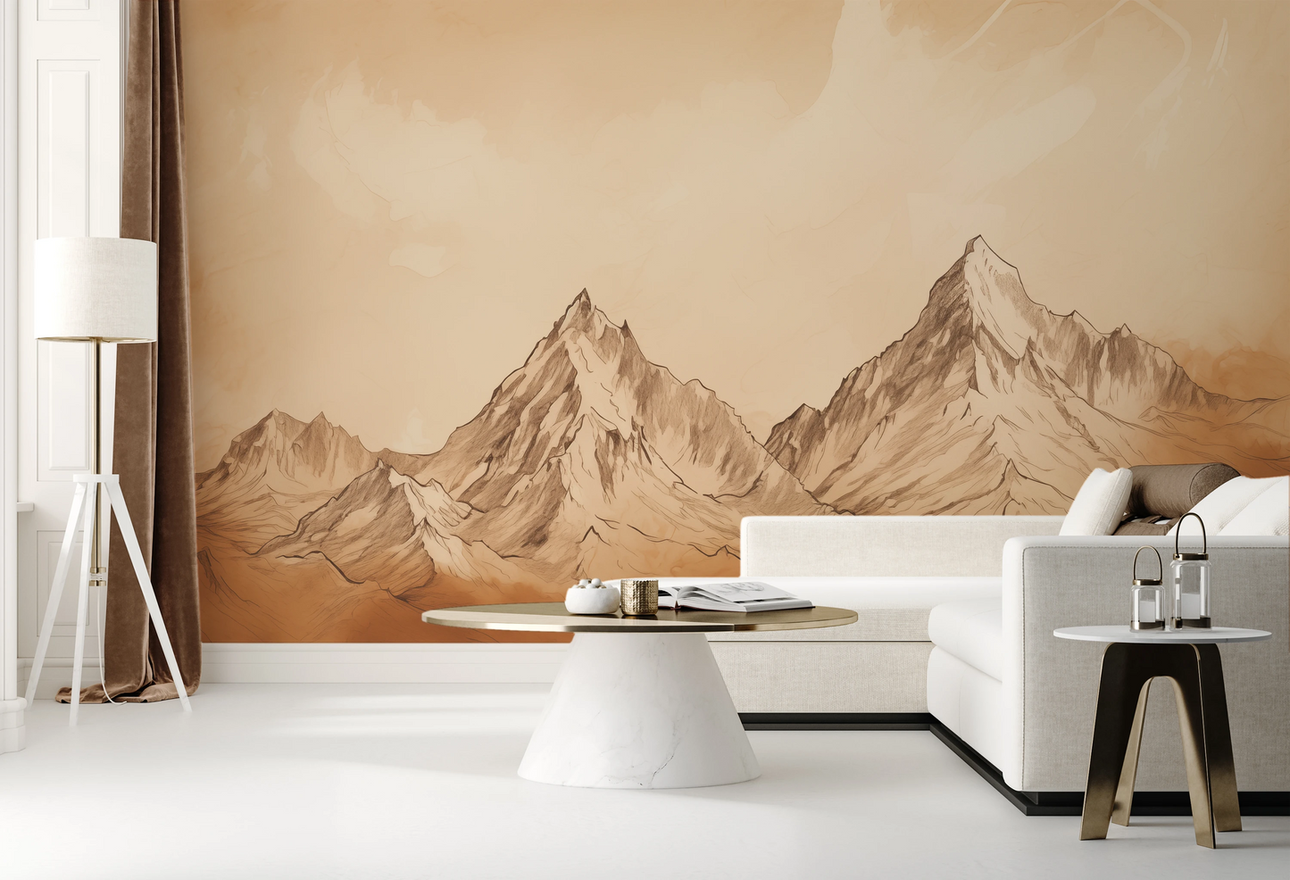 Fototapeta artystyczna o nazwie Sepia Mountain Range pokazana w aranżacji wnętrza.