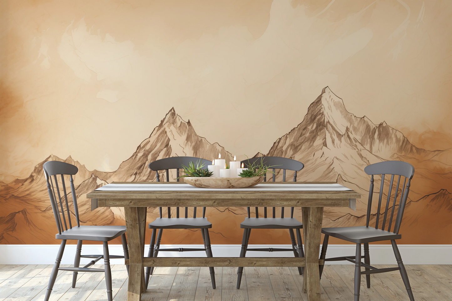 Wzór fototapety artystycznej o nazwie Sepia Mountain Range pokazanej w aranżacji wnętrza.