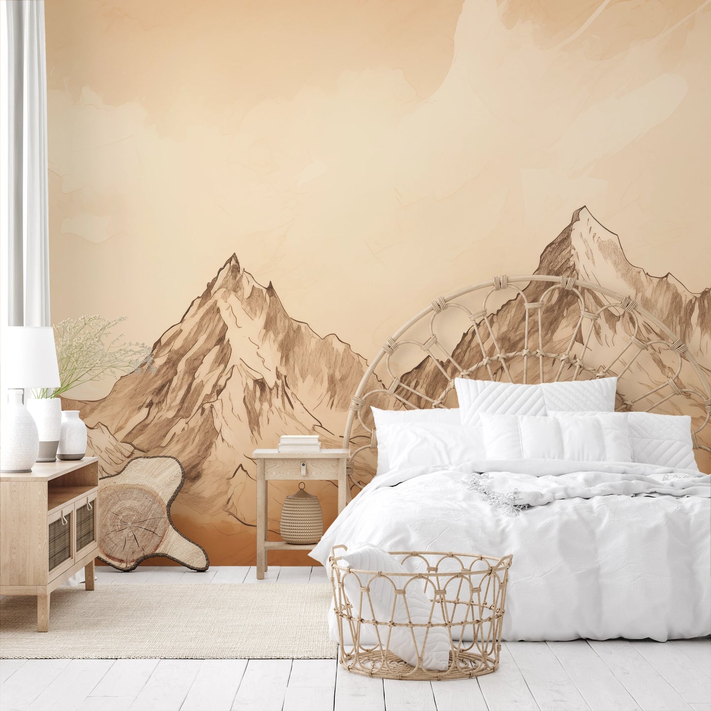 Wzór fototapety malowanej o nazwie Sepia Mountain Range pokazanej w aranżacji wnętrza.
