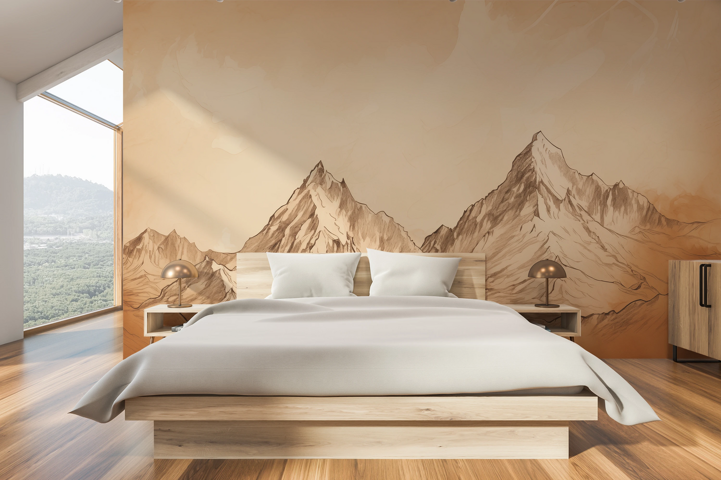 Wzór fototapety o nazwie Sepia Mountain Range pokazanej w kontekście pomieszczenia.