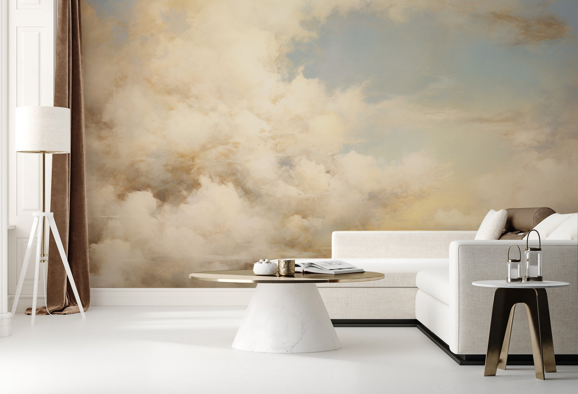 Wzór fototapety artystycznej o nazwie ETHEREAL CLOUDSCAPE HORIZON pokazanej w aranżacji wnętrza.