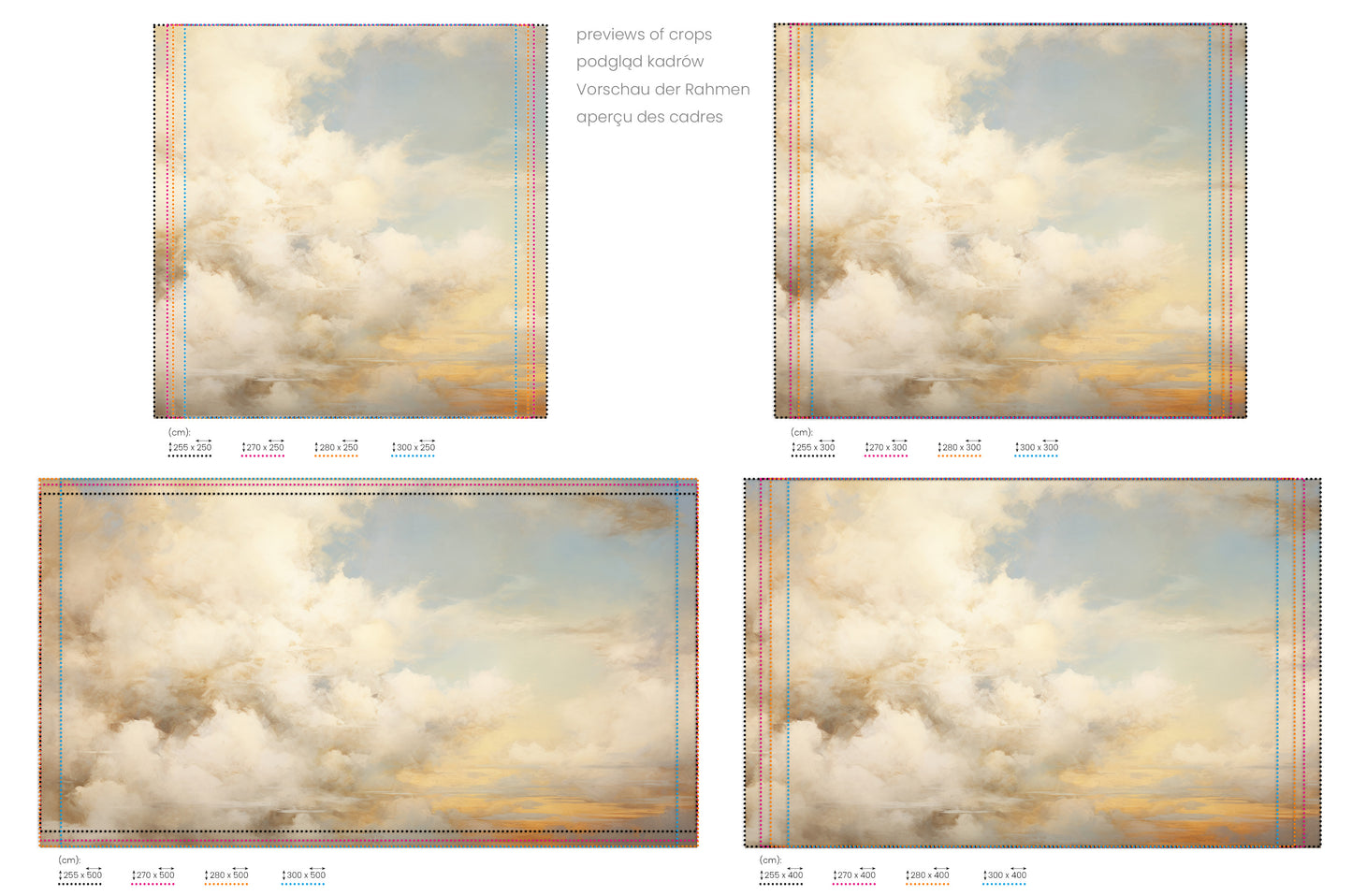 Na obrazie znajduje się prezentacja przykładowych rozmiarów fototapety o nazwie ETHEREAL CLOUDSCAPE HORIZON. Rozmiar fototapety jest dowolny.