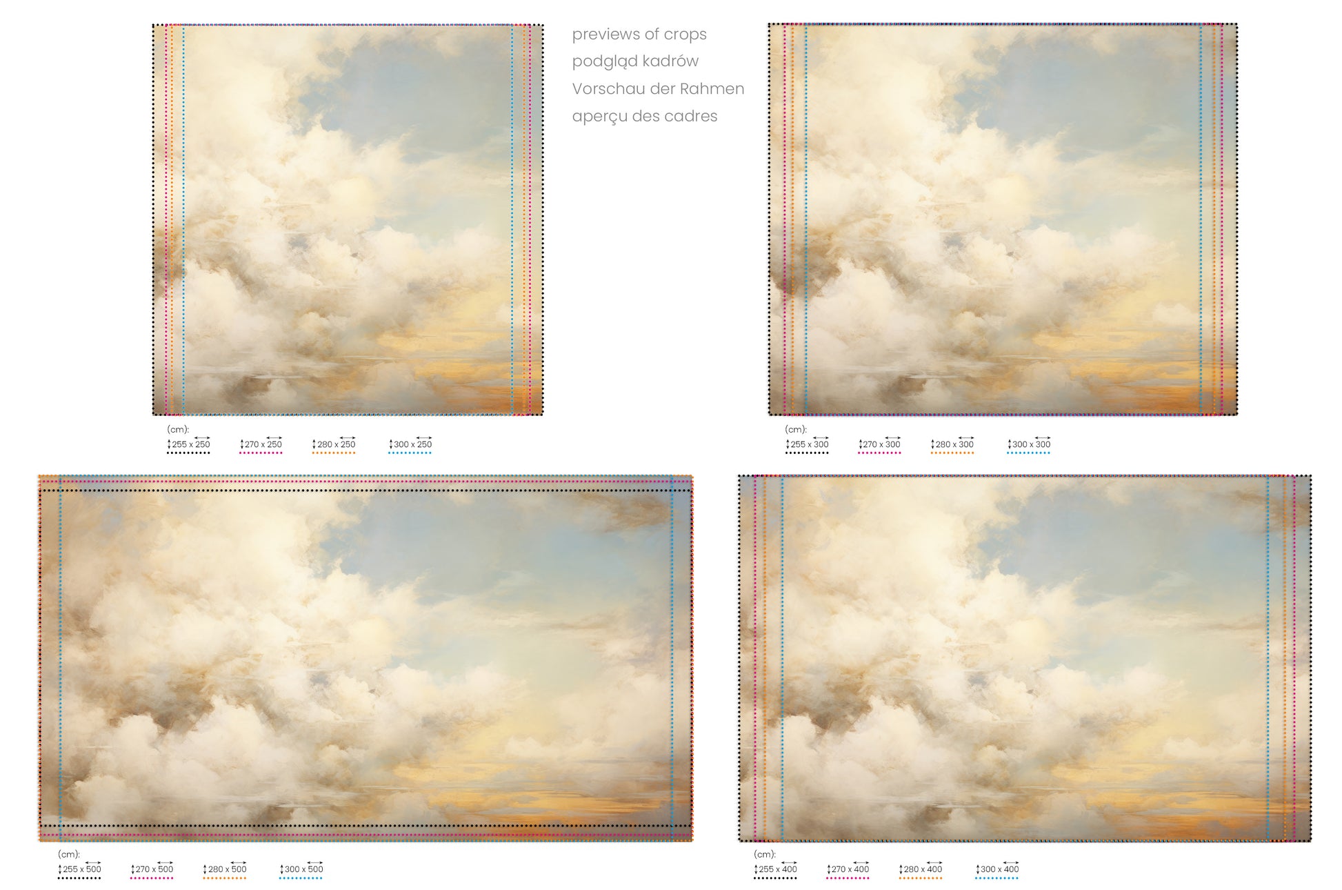 Na obrazie znajduje się prezentacja przykładowych rozmiarów fototapety o nazwie ETHEREAL CLOUDSCAPE HORIZON. Rozmiar fototapety jest dowolny.