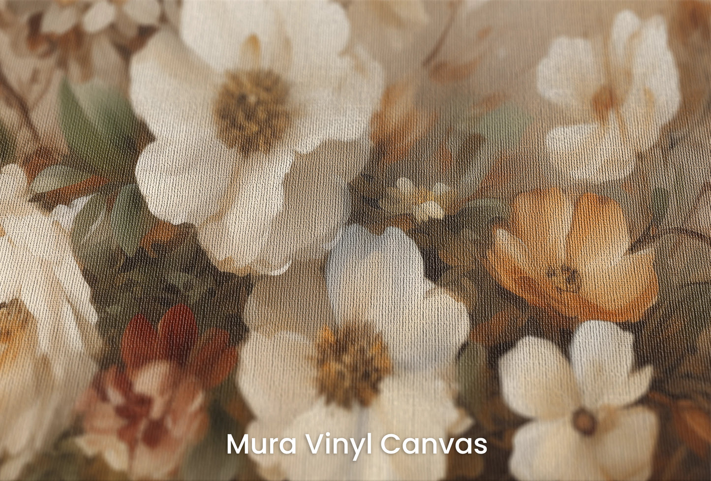 Zbliżenie na artystyczną fototapetę o nazwie Gentle Floral Whisper na podłożu Mura Vinyl Canvas - faktura naturalnego płótna.
