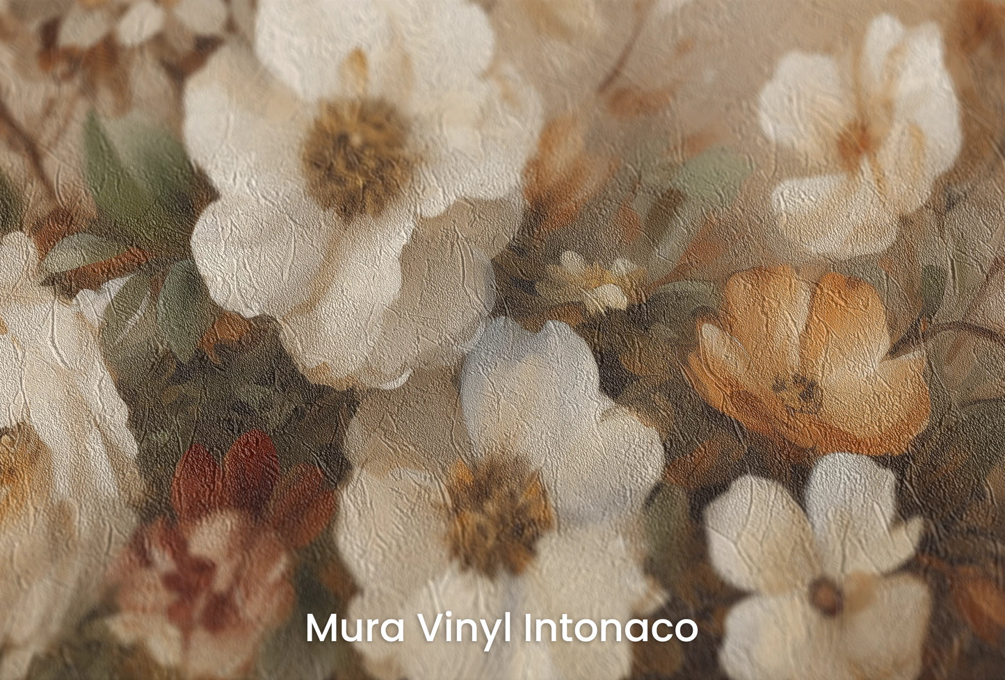 Zbliżenie na artystyczną fototapetę o nazwie Gentle Floral Whisper na podłożu Mura Vinyl Intonaco - struktura tartego tynku.
