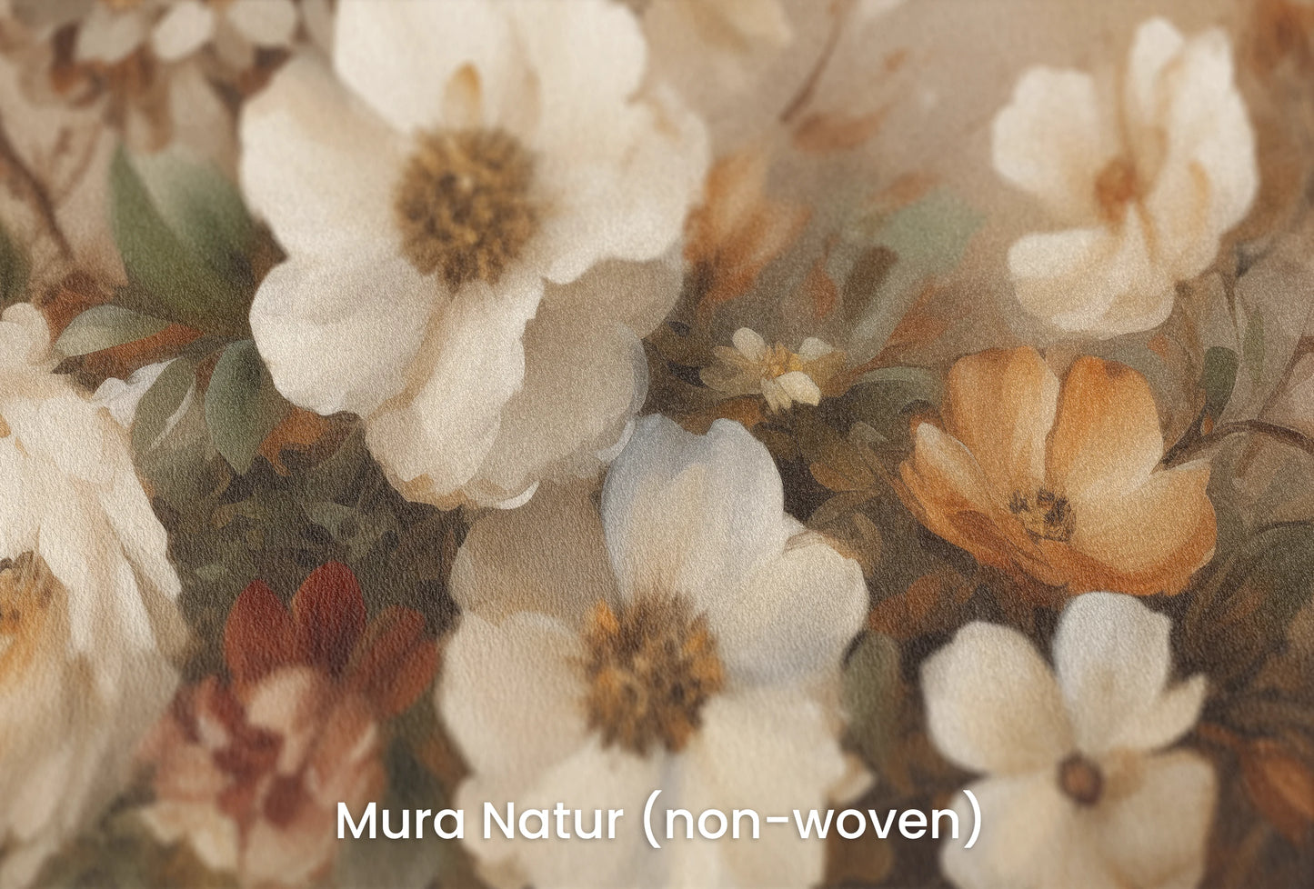 Zbliżenie na artystyczną fototapetę o nazwie Gentle Floral Whisper na podłożu Mura Natur (non-woven) - naturalne i ekologiczne podłoże.