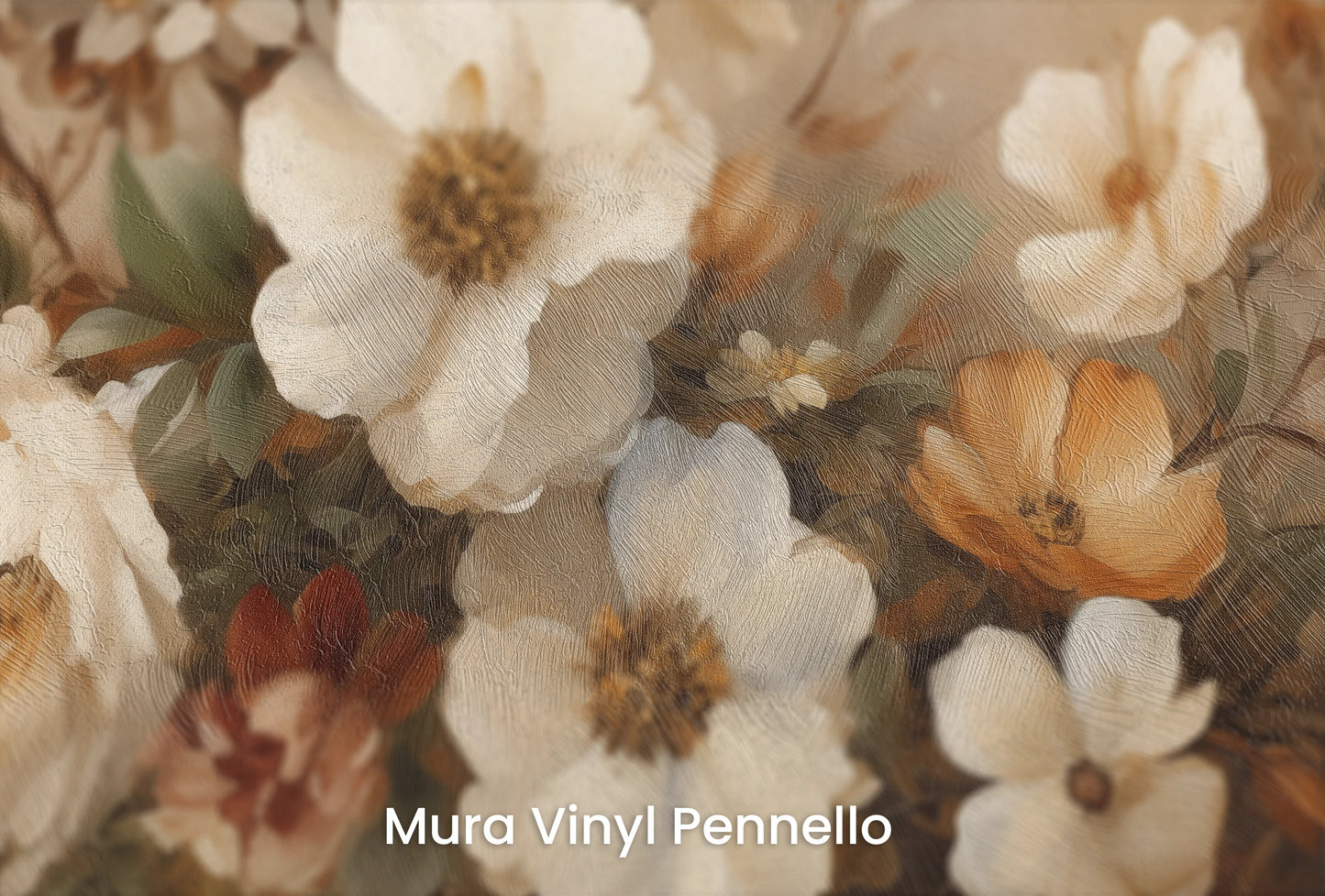 Zbliżenie na artystyczną fototapetę o nazwie Gentle Floral Whisper na podłożu Mura Vinyl Pennello - faktura pociągnięć pędzla malarskiego.