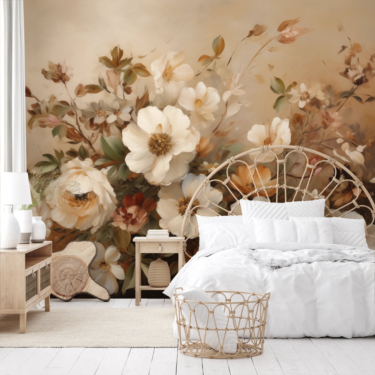 Fototapeta artystyczna o nazwie Gentle Floral Whisper pokazana w aranżacji wnętrza.