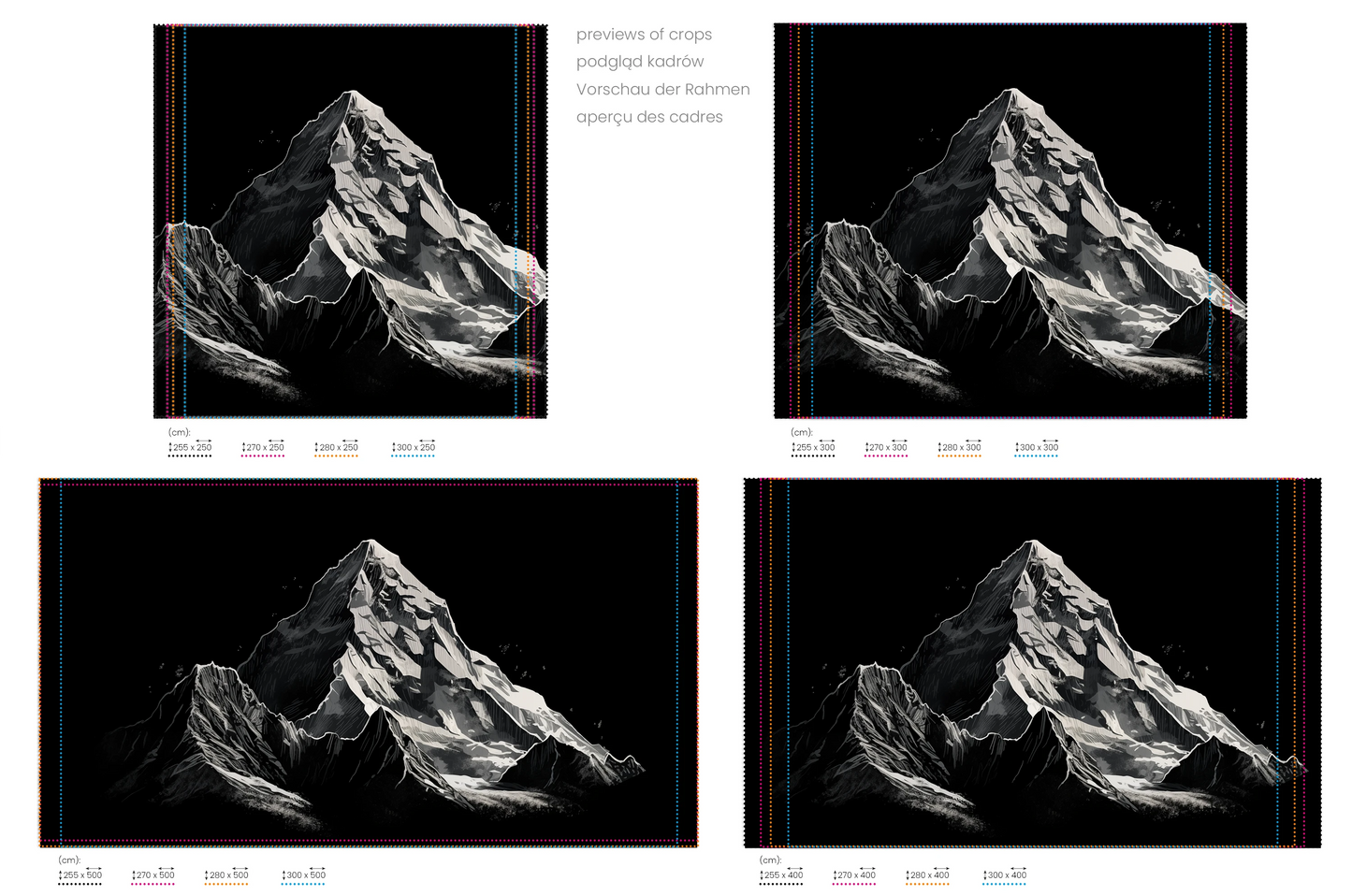 Na obrazie znajduje się prezentacja przykładowych rozmiarów fototapety o nazwie Monochromatic Peak. Rozmiar fototapety jest dowolny.