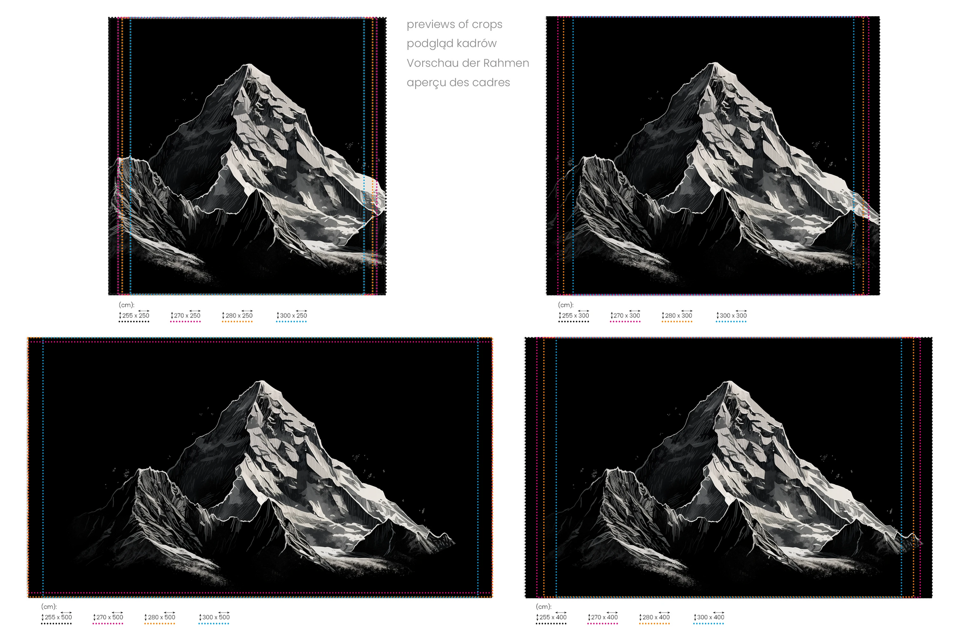 Na obrazie znajduje się prezentacja przykładowych rozmiarów fototapety o nazwie Monochromatic Peak. Rozmiar fototapety jest dowolny.
