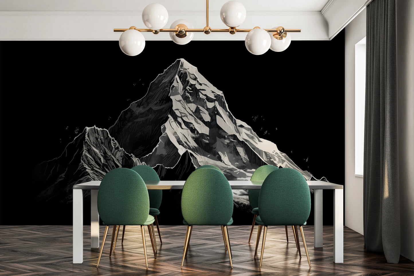 Zdjęcie prezentuje aranżację wnętrza z użyciem fototapety o nazwie Monochromatic Peak pokazanej w aranżacji wnętrza.