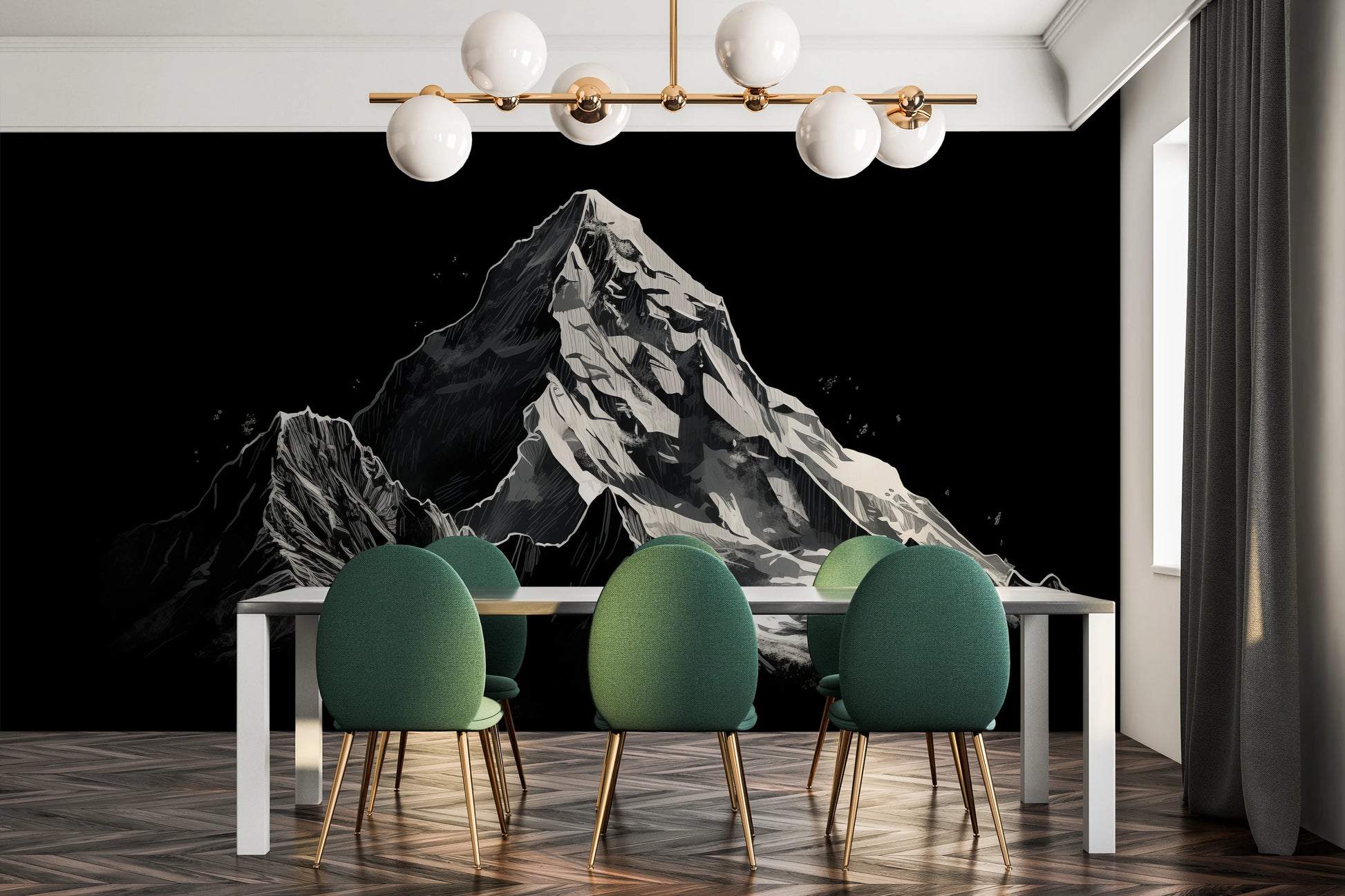 Zdjęcie prezentuje aranżację wnętrza z użyciem fototapety o nazwie Monochromatic Peak pokazanej w aranżacji wnętrza.