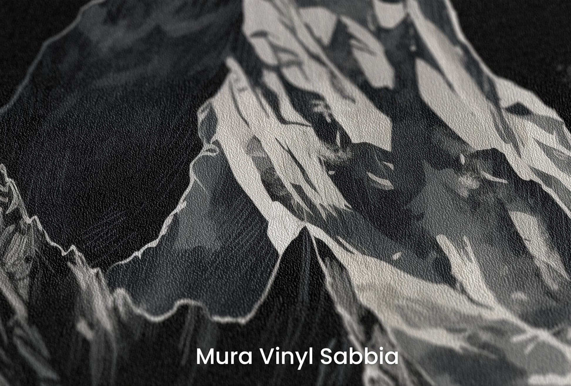 Zbliżenie na artystyczną fototapetę o nazwie Monochromatic Peak na podłożu Mura Vinyl Sabbia struktura grubego ziarna piasku.