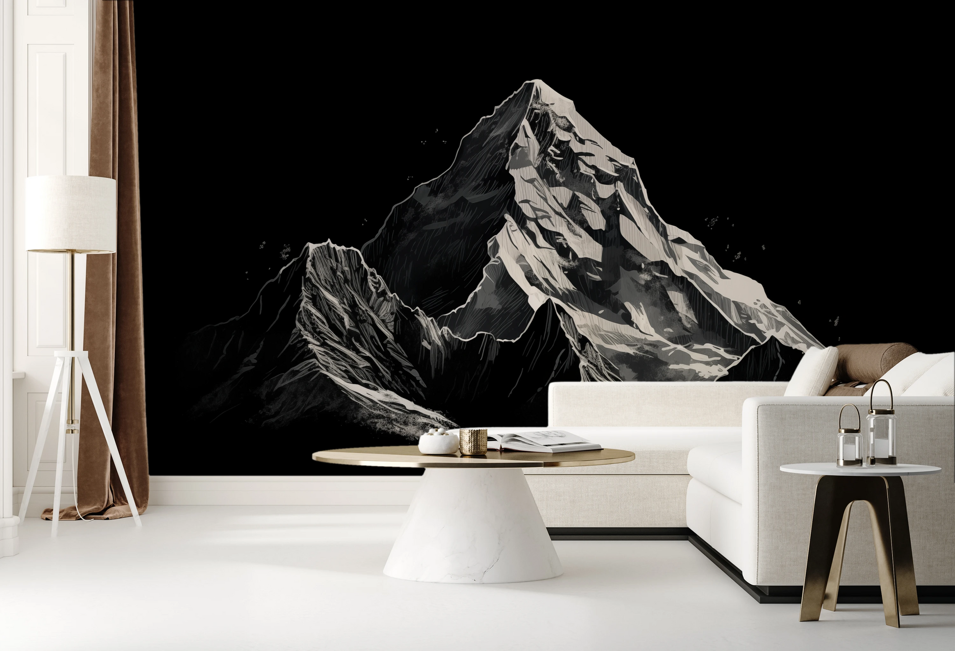 Wzór fototapety malowanej o nazwie Monochromatic Peak pokazanej w aranżacji wnętrza.