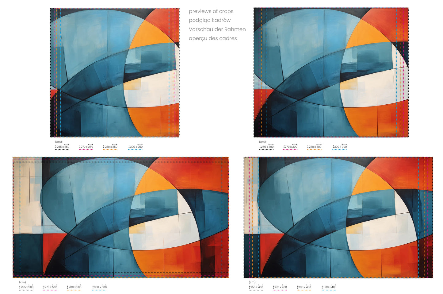 Na obrazie znajduje się prezentacja przykładowych rozmiarów fototapety o nazwie Colorful Abstraction. Rozmiar fototapety jest dowolny.