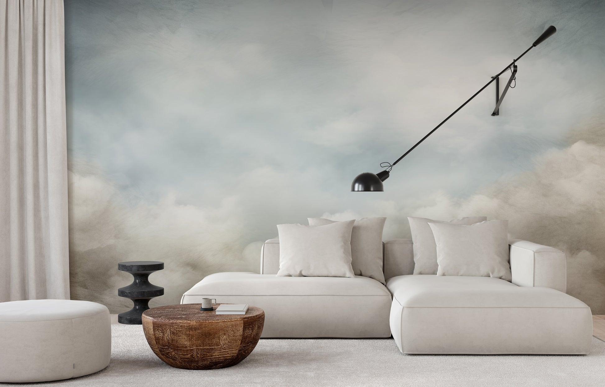 Wzór fototapety o nazwie CELESTIAL WHISPER SKY pokazanej w kontekście pomieszczenia.