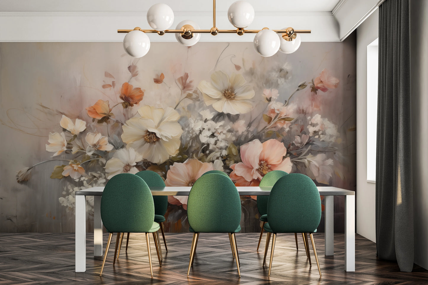 Wzór fototapety malowanej o nazwie Ethereal Floral Blend pokazanej w aranżacji wnętrza.
