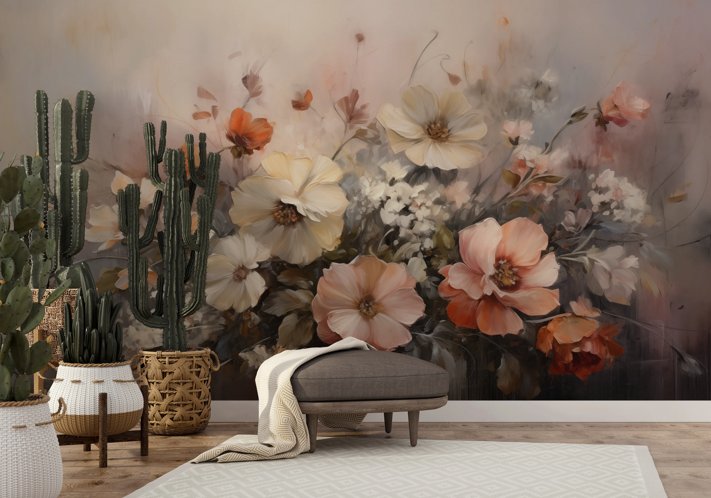 Fototapeta artystyczna o nazwie Ethereal Floral Blend pokazana w aranżacji wnętrza.