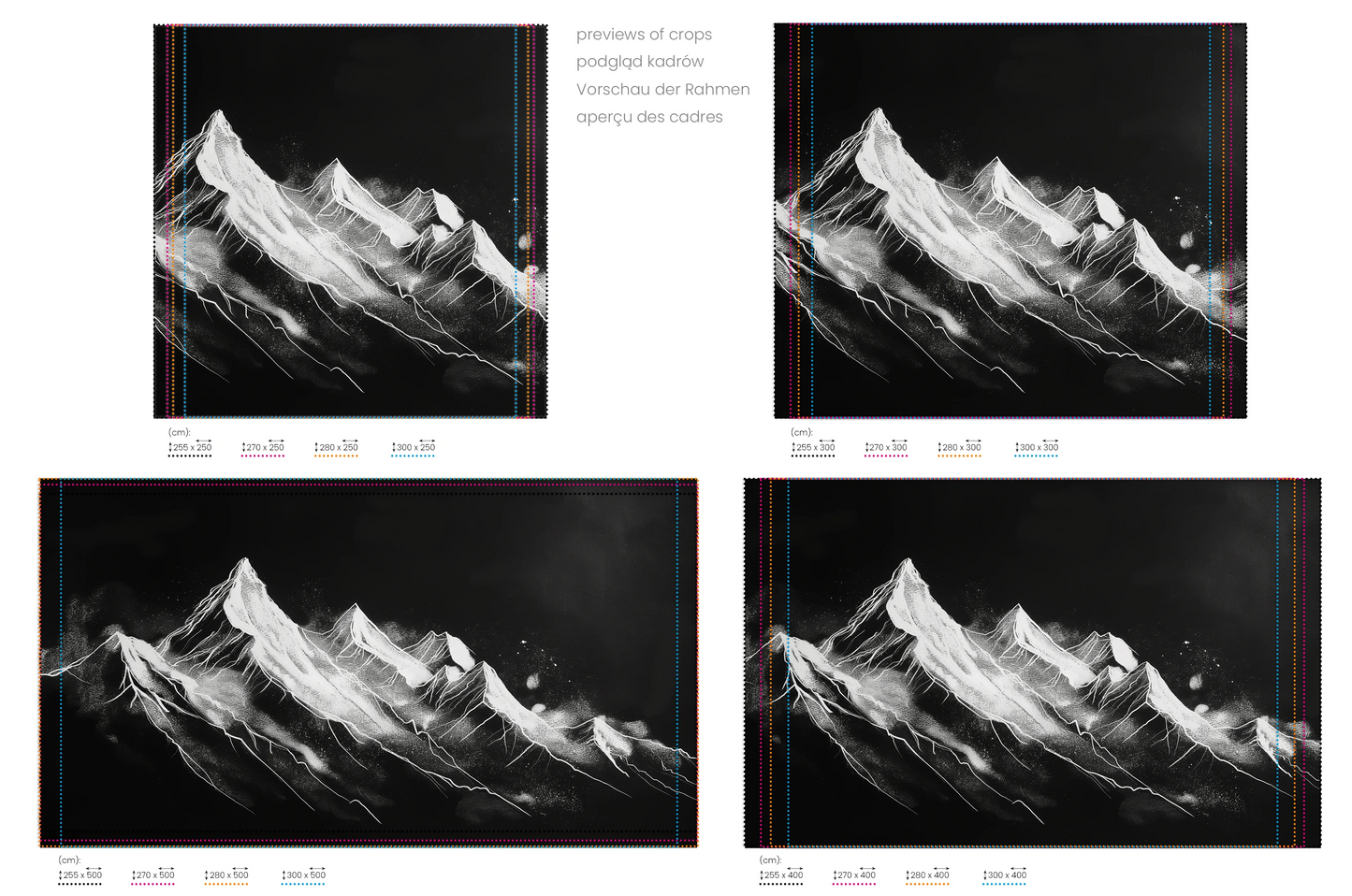 Na obrazie znajduje się prezentacja przykładowych rozmiarów fototapety o nazwie Nocturnal Summit. Rozmiar fototapety jest dowolny.