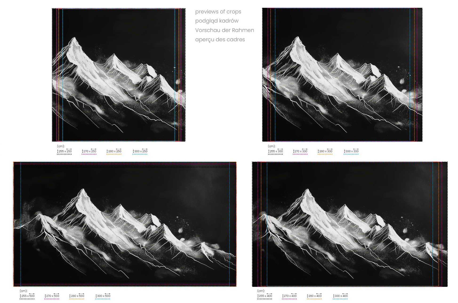 Na obrazie znajduje się prezentacja przykładowych rozmiarów fototapety o nazwie Nocturnal Summit. Rozmiar fototapety jest dowolny.