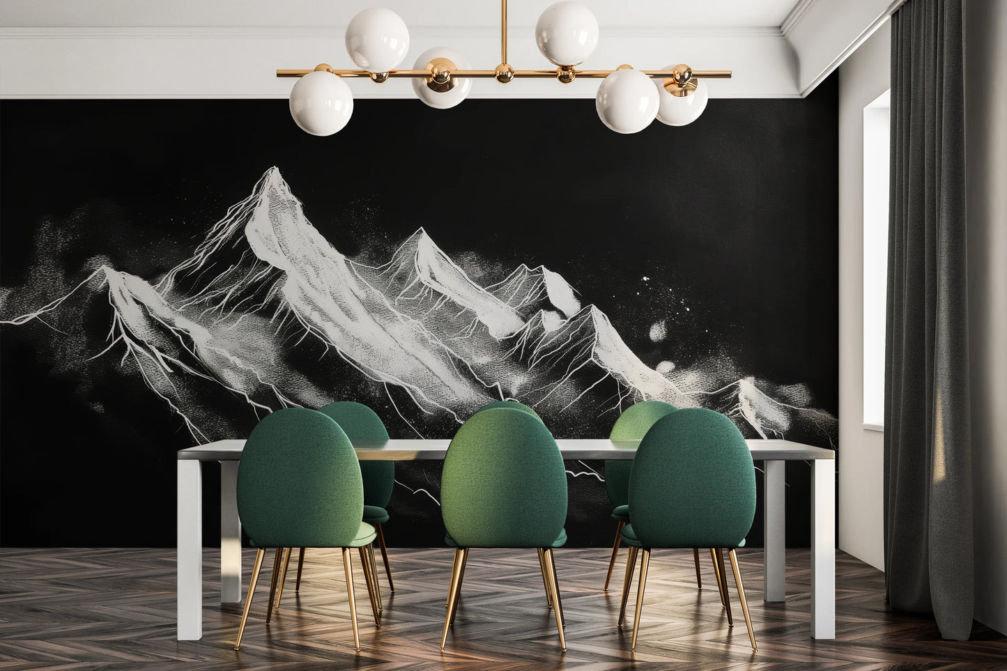 Zdjęcie prezentuje aranżację wnętrza z użyciem fototapety o nazwie Nocturnal Summit pokazanej w aranżacji wnętrza.