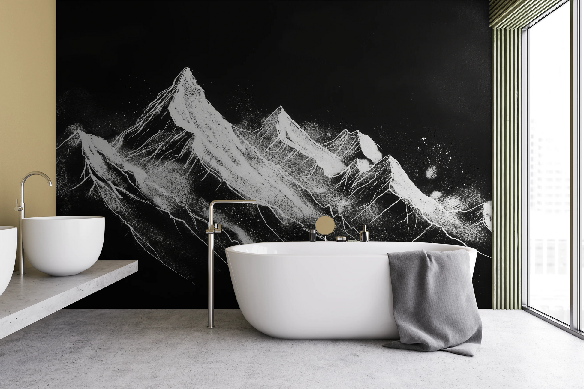 Wzór fototapety malowanej o nazwie Nocturnal Summit pokazanej w aranżacji wnętrza.