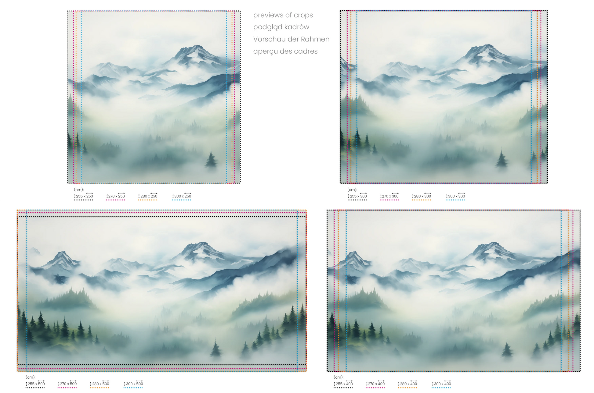 Na obrazie znajduje się prezentacja przykładowych rozmiarów fototapety o nazwie Mist-Enshrouded Pines. Rozmiar fototapety jest dowolny.