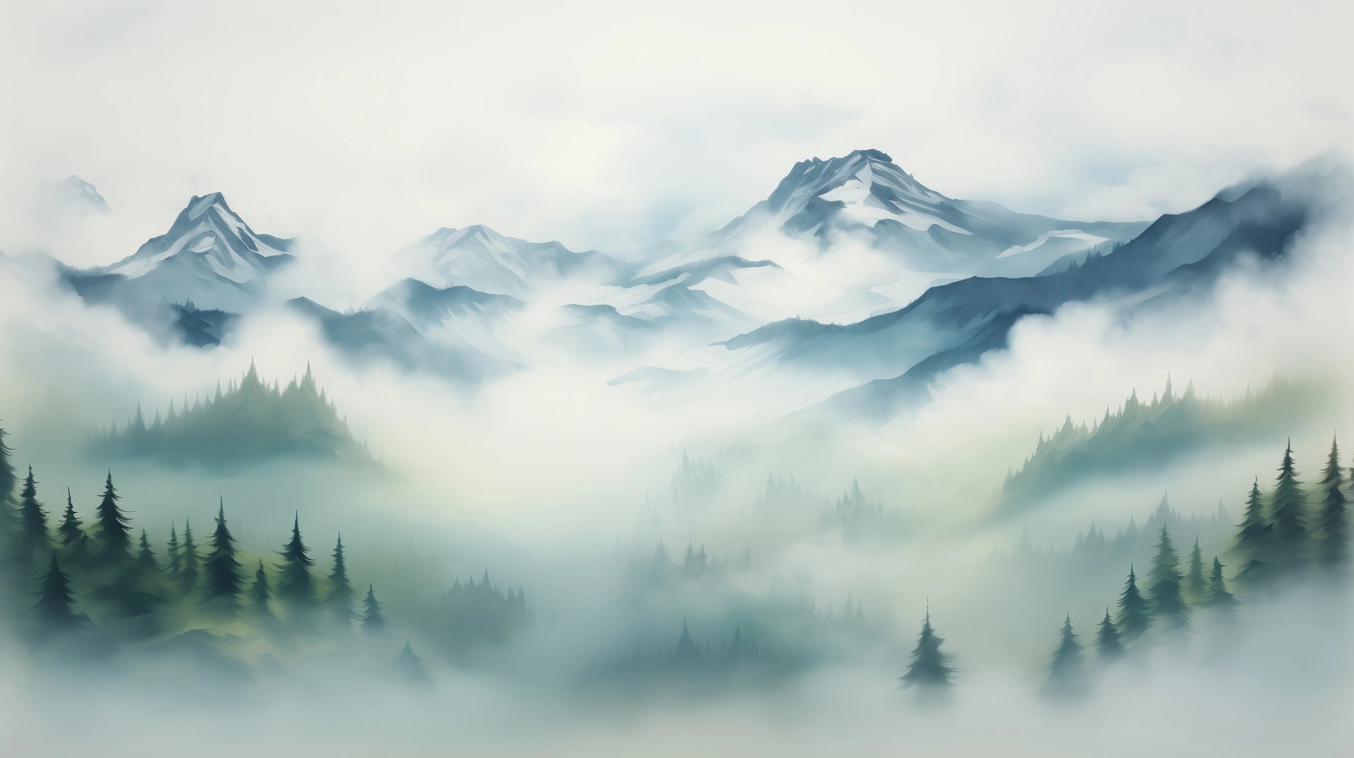 Prezentacja całego wzoru fototapety o nazwie Mist-Enshrouded Pines