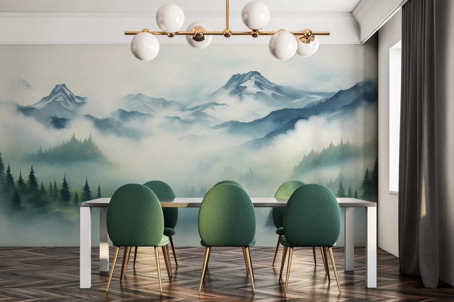 Wzór fototapety malowanej o nazwie Mist-Enshrouded Pines pokazanej w aranżacji wnętrza.