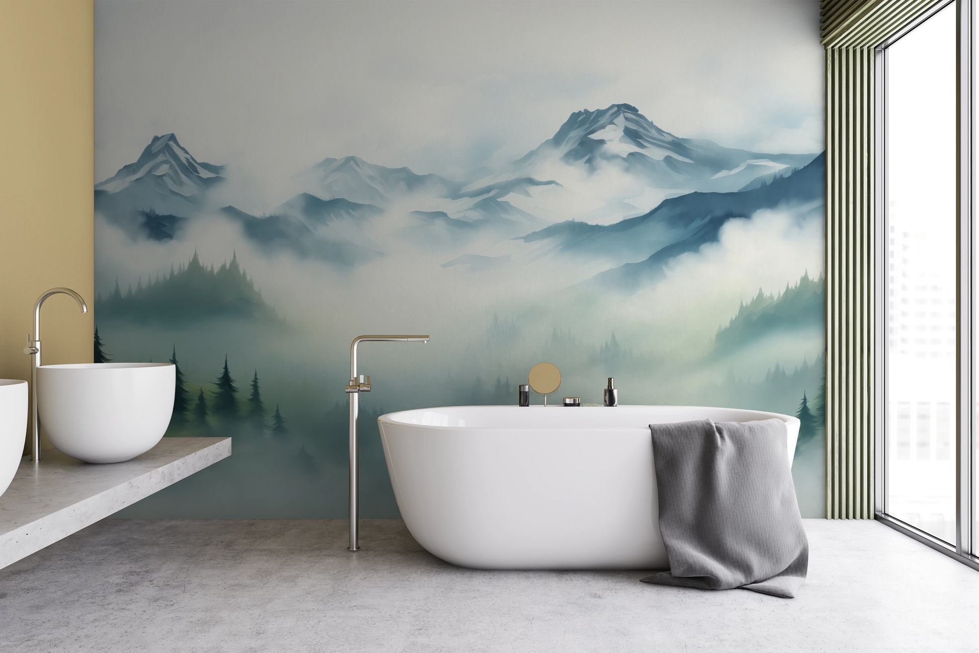 Wzór fototapety artystycznej o nazwie Mist-Enshrouded Pines pokazanej w aranżacji wnętrza.