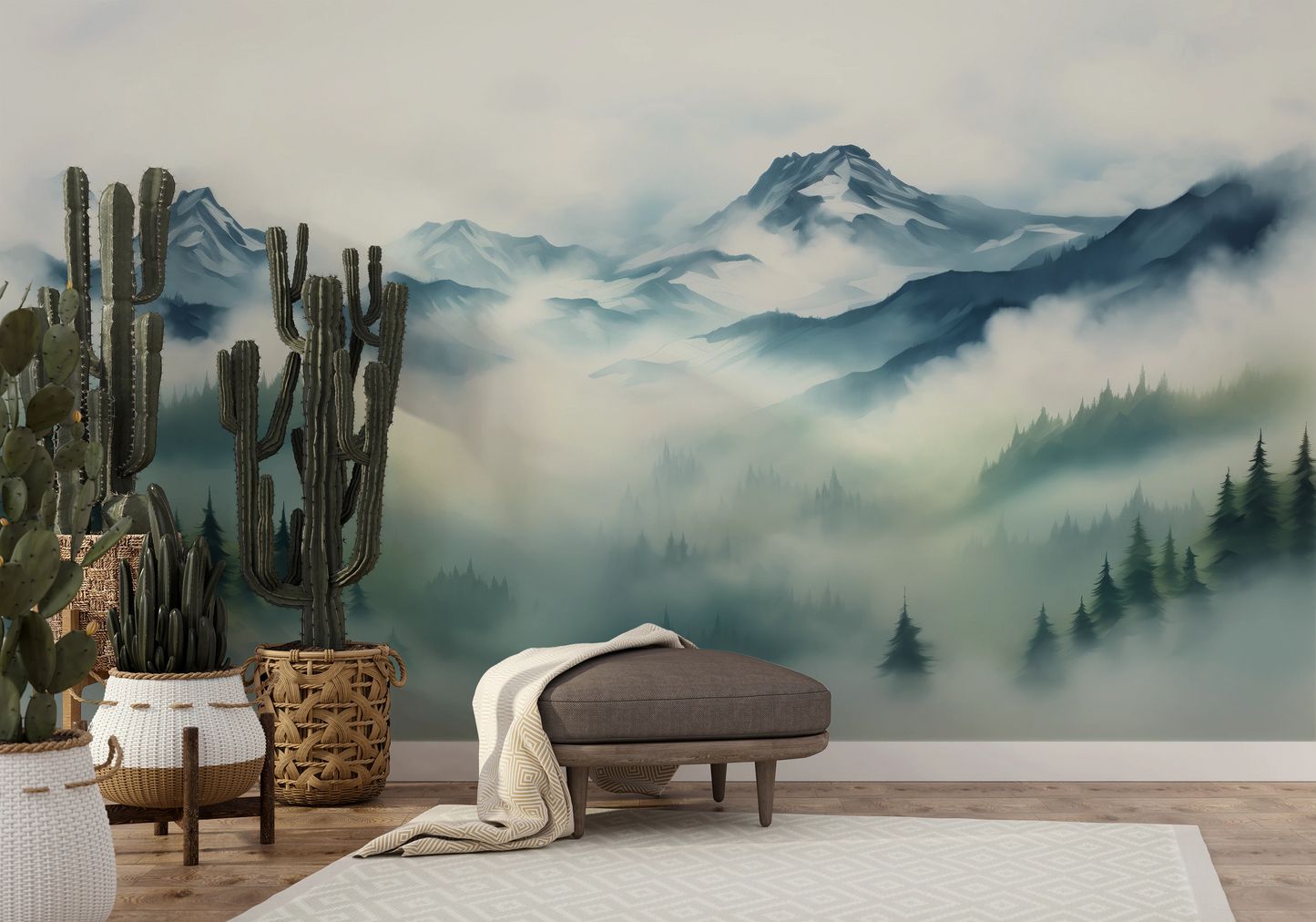 Fototapeta malowana o nazwie Mist-Enshrouded Pines pokazana w aranżacji wnętrza.