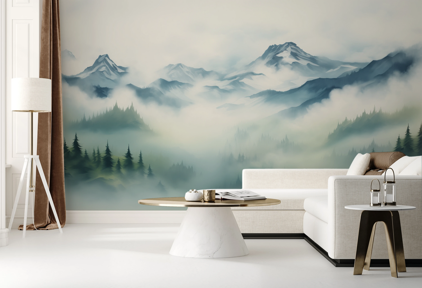 Wzór fototapety artystycznej o nazwie Mist-Enshrouded Pines pokazanej w aranżacji wnętrza.