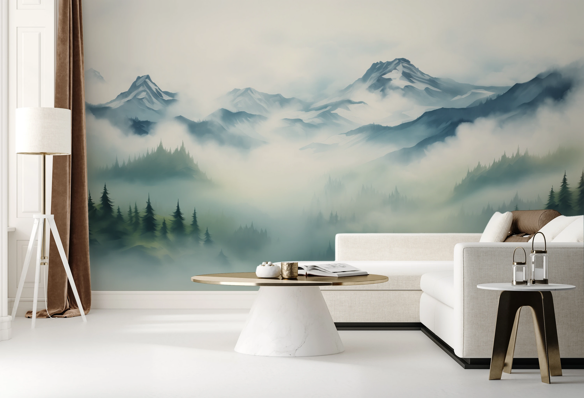 Wzór fototapety artystycznej o nazwie Mist-Enshrouded Pines pokazanej w aranżacji wnętrza.