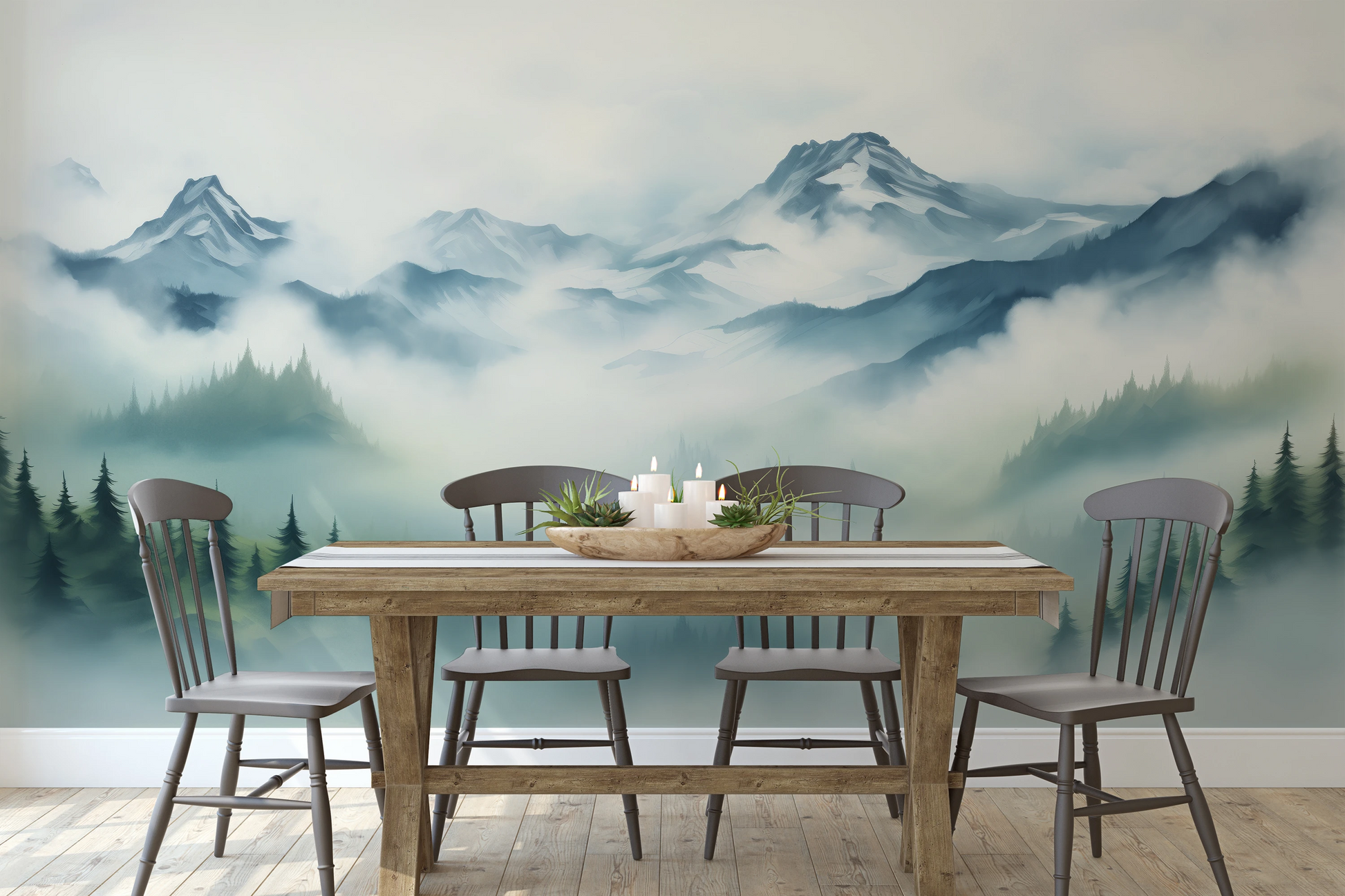 Wzór fototapety o nazwie Mist-Enshrouded Pines pokazanej w kontekście pomieszczenia.