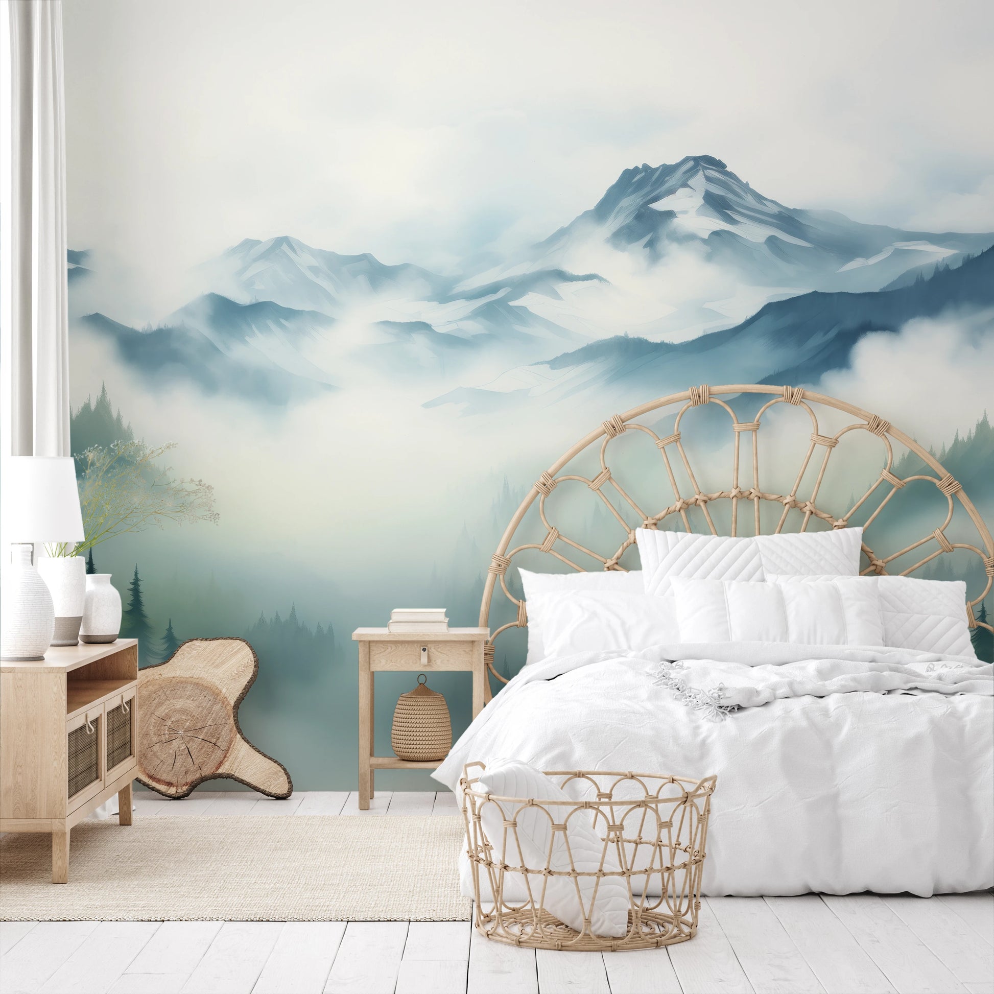 Fototapeta artystyczna o nazwie Mist-Enshrouded Pines pokazana w aranżacji wnętrza.