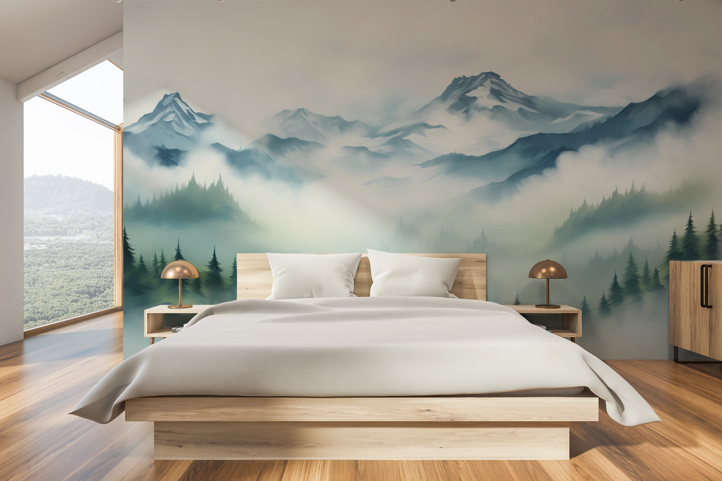 Zdjęcie prezentuje aranżację wnętrza z użyciem fototapety o nazwie Mist-Enshrouded Pines pokazanej w aranżacji wnętrza.