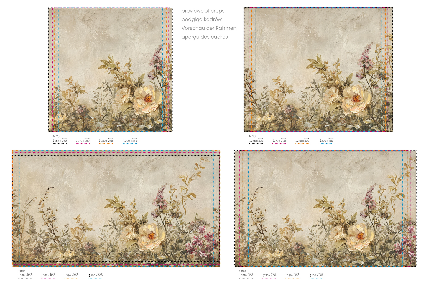 Na obrazie znajduje się prezentacja przykładowych rozmiarów fototapety o nazwie Aged Floral Fresco. Rozmiar fototapety jest dowolny.