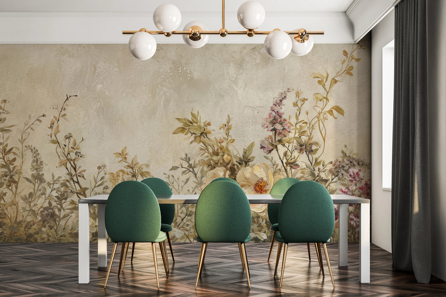 Wzór fototapety artystycznej o nazwie Aged Floral Fresco pokazanej w aranżacji wnętrza.