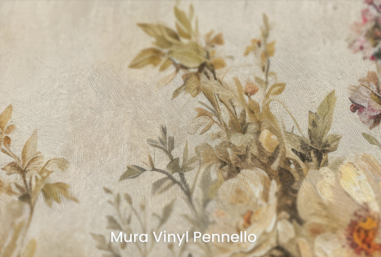 Zbliżenie na artystyczną fototapetę o nazwie Aged Floral Fresco na podłożu Mura Vinyl Pennello - faktura pociągnięć pędzla malarskiego.