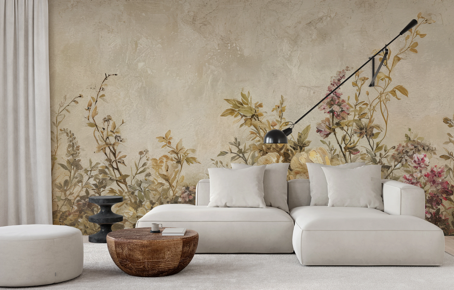 Fototapeta artystyczna o nazwie Aged Floral Fresco pokazana w aranżacji wnętrza.