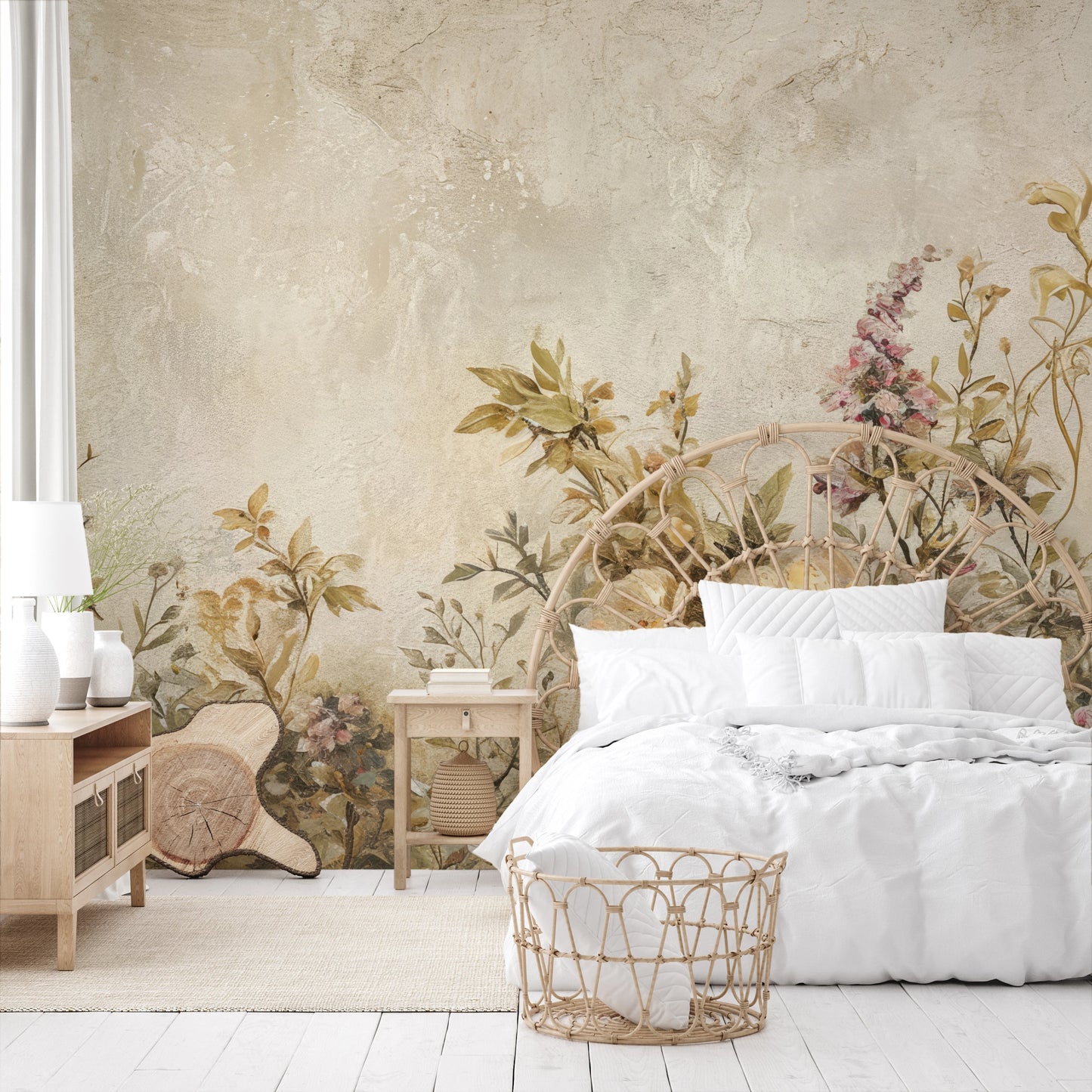 Fototapeta malowana o nazwie Aged Floral Fresco pokazana w aranżacji wnętrza.