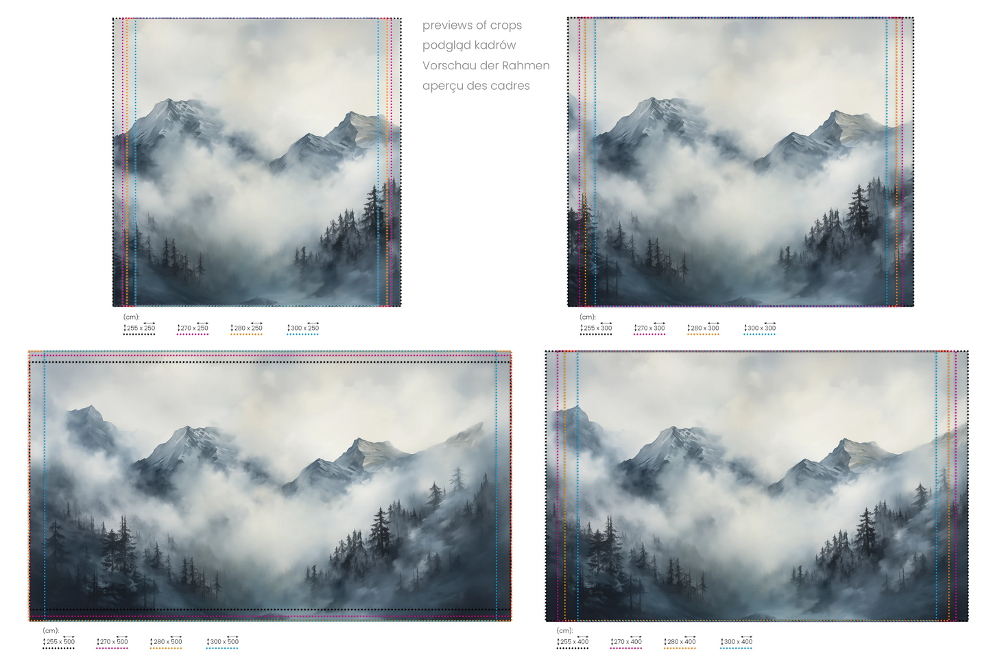 Na obrazie znajduje się prezentacja przykładowych rozmiarów fototapety o nazwie Stormy Mountain Vista. Rozmiar fototapety jest dowolny.