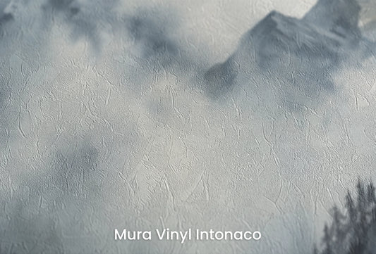 Zbliżenie na artystyczną fototapetę o nazwie Stormy Mountain Vista na podłożu Mura Vinyl Intonaco - struktura tartego tynku.