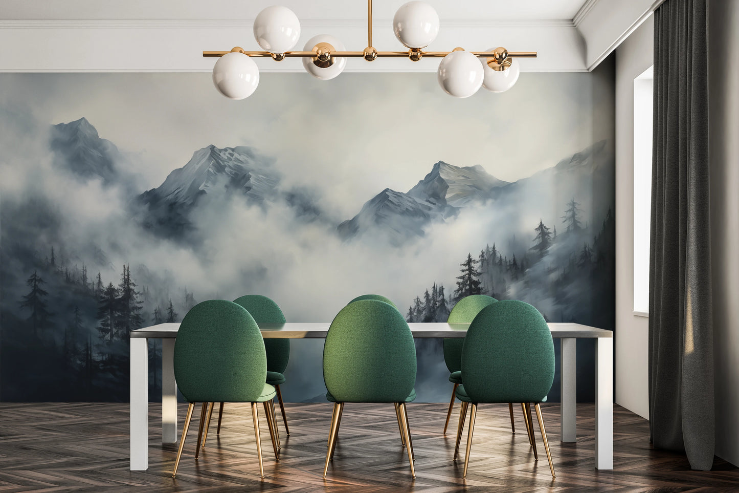 Zdjęcie prezentuje aranżację wnętrza z użyciem fototapety o nazwie Stormy Mountain Vista pokazanej w aranżacji wnętrza.