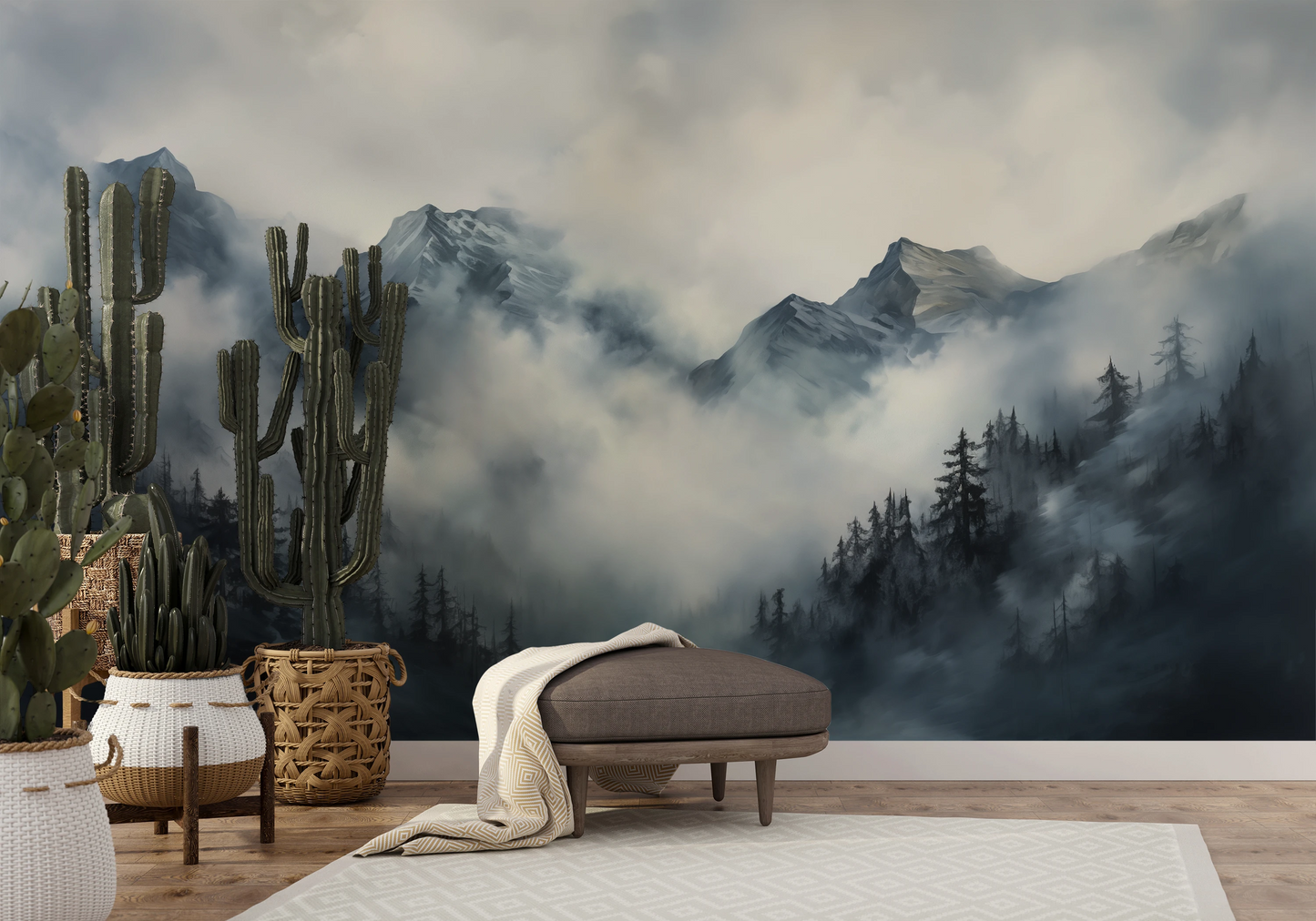 Wzór fototapety artystycznej o nazwie Stormy Mountain Vista pokazanej w aranżacji wnętrza.