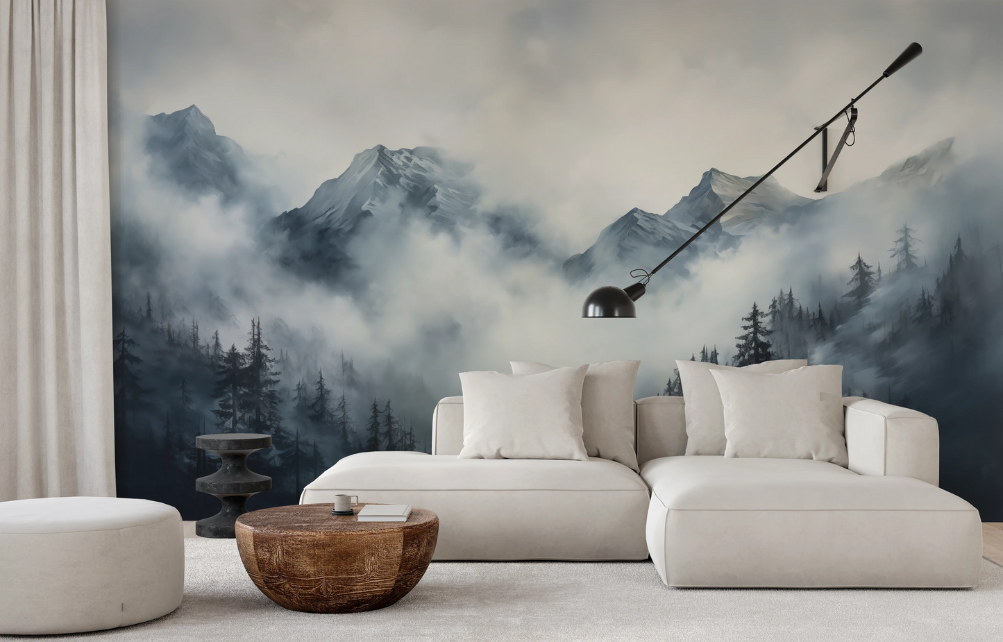 Wzór fototapety artystycznej o nazwie Stormy Mountain Vista pokazanej w aranżacji wnętrza.