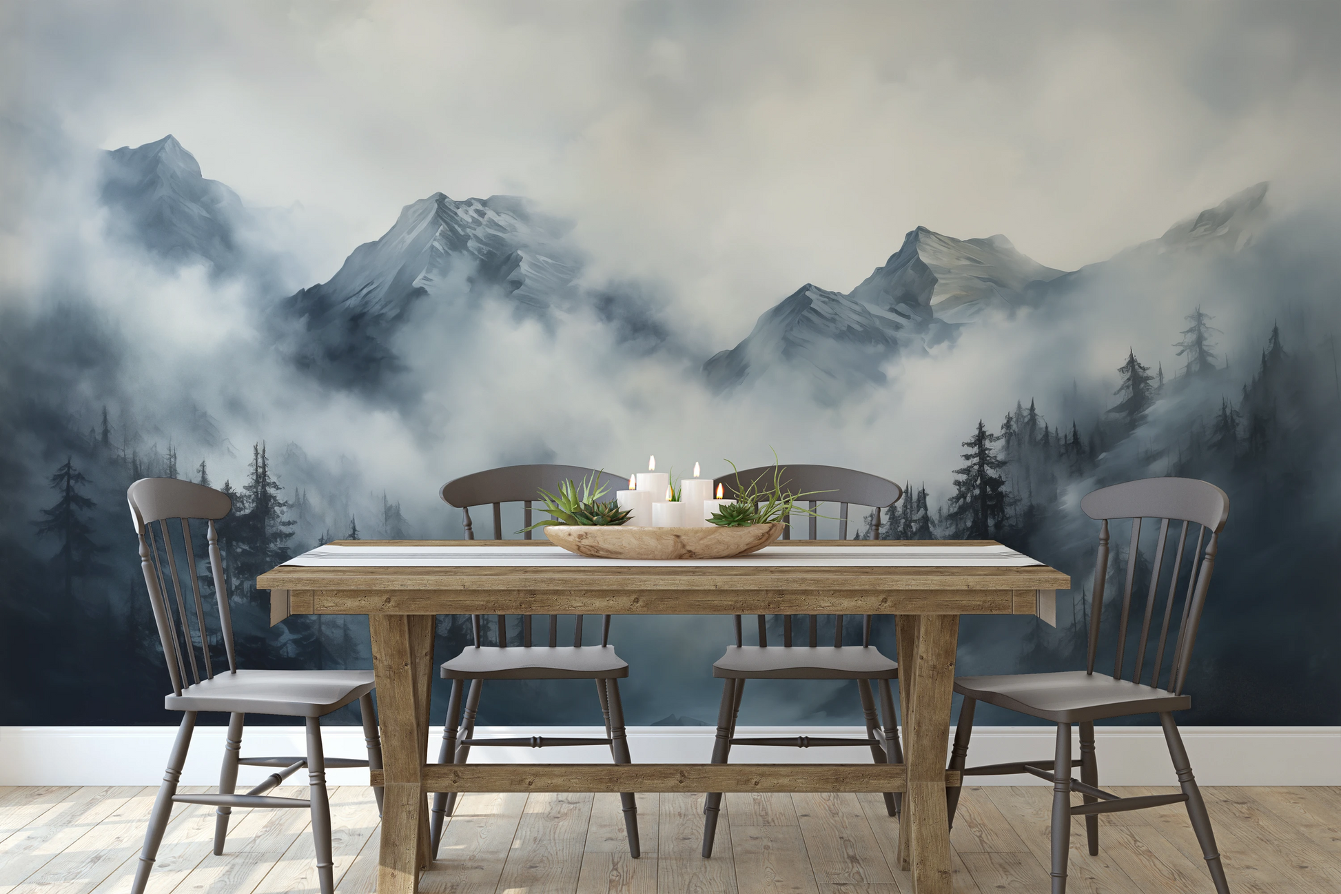 Wzór fototapety o nazwie Stormy Mountain Vista pokazanej w kontekście pomieszczenia.