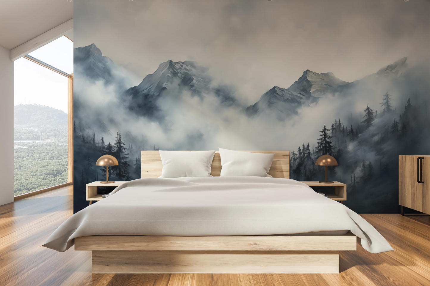 Wzór fototapety malowanej o nazwie Stormy Mountain Vista pokazanej w aranżacji wnętrza.